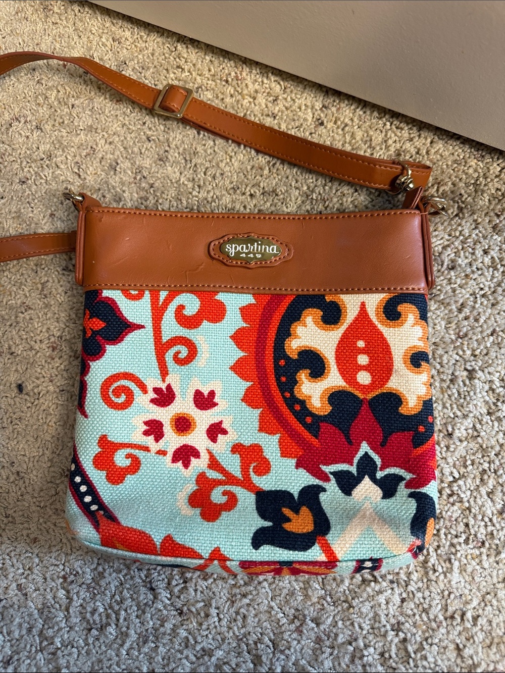 Spartina 449 Tan Leather-Trim Multicolor Floral Crossbody